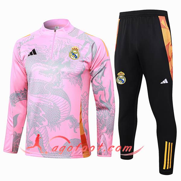 Ensemble Survetement de Foot Real Madrid Rose/Gris 2024/2025 -02