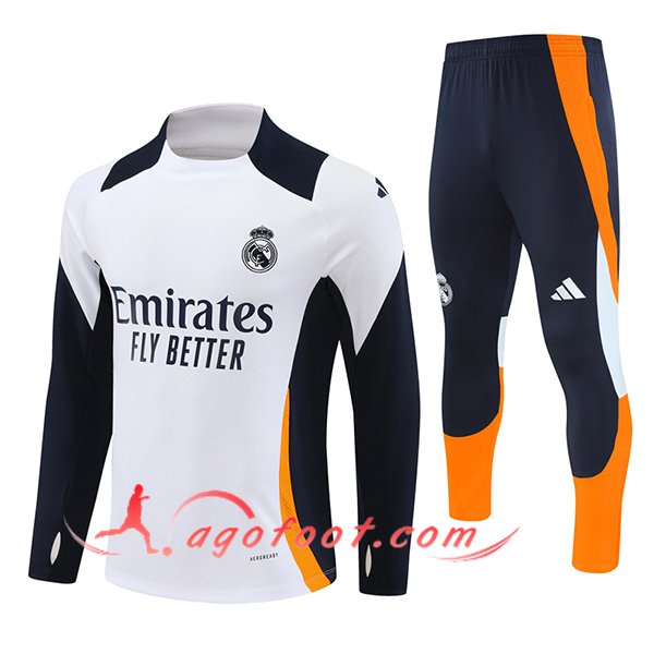 Ensemble Survetement de Foot Real Madrid Blanc/Bleu/Orange 2024/2025 -02