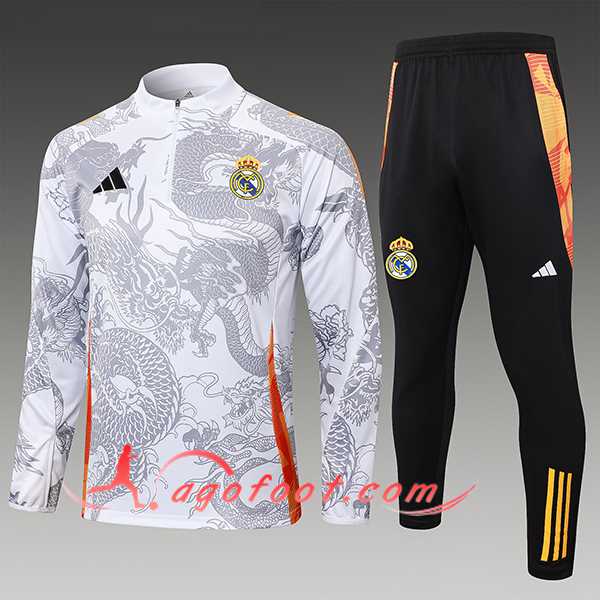 Ensemble Survetement de Foot Real Madrid Enfant Blanc/Gris/Rouge 2024/2025