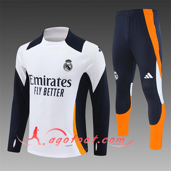 Ensemble Survetement de Foot Real Madrid Enfant Blanc/Bleu/Orange 2024/2025