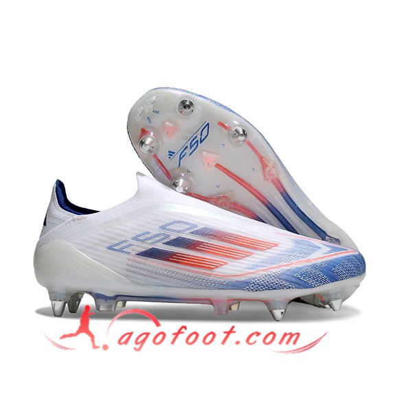 Adidas Chaussures de Foot F50 Elite Laceless SG Blanc/Bleu/Orange
