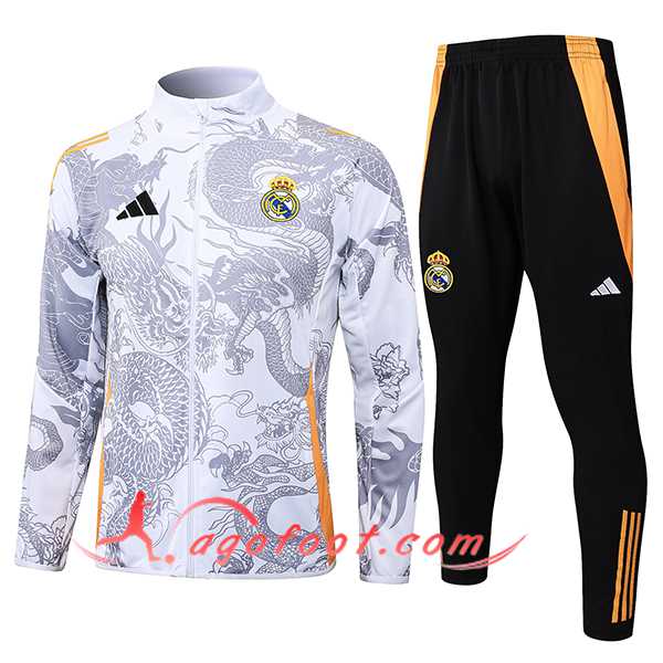 Ensemble Survetement de Foot Veste Foot Real Madrid Blanc/Gris/Orange 2024/2025