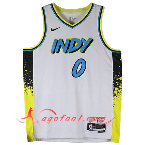 Maillot Indiana Pacers (HALIBURTON #0) 2024/25 Blanc/Jaune/Noir/Bleu