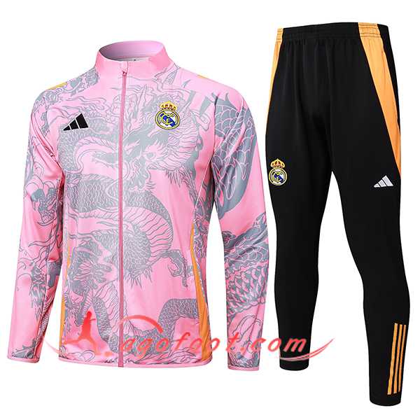 Ensemble Survetement de Foot Veste Foot Real Madrid Rose/Gris 2024/2025 -02