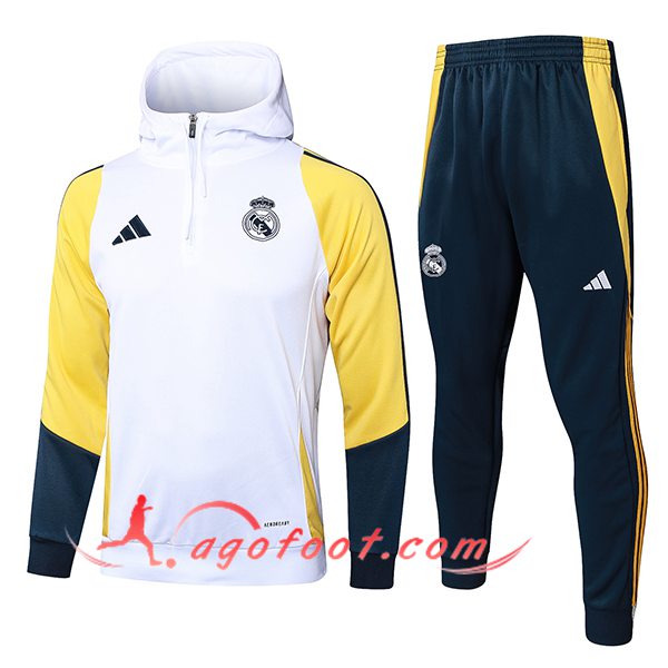 Ensemble Survetement Veste A Capuche Coupe-Vent Real Madrid Blanc/Jaune/Bleu 2024/2025