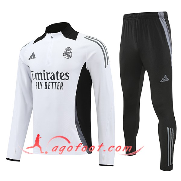 Ensemble Survetement de Foot Real Madrid Blanc/Noir/Gris 2024/2025
