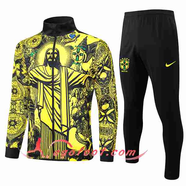 Ensemble Survetement de Foot Veste Foot Brésil Jaune/Noir 2024/2025