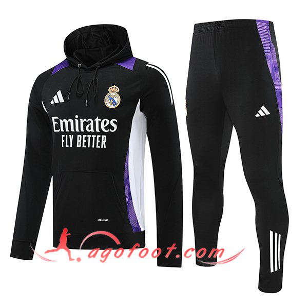 Ensemble Survetement Veste A Capuche Real Madrid Noir/Blanc/Pourpre 2024/2025