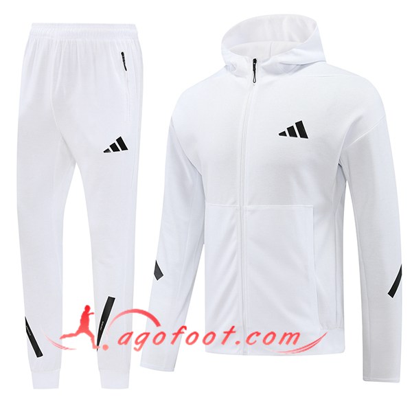 Ensemble Survetement Veste A Capuche Coupe-Vent Adidas Blanc/Noir 2024/2025