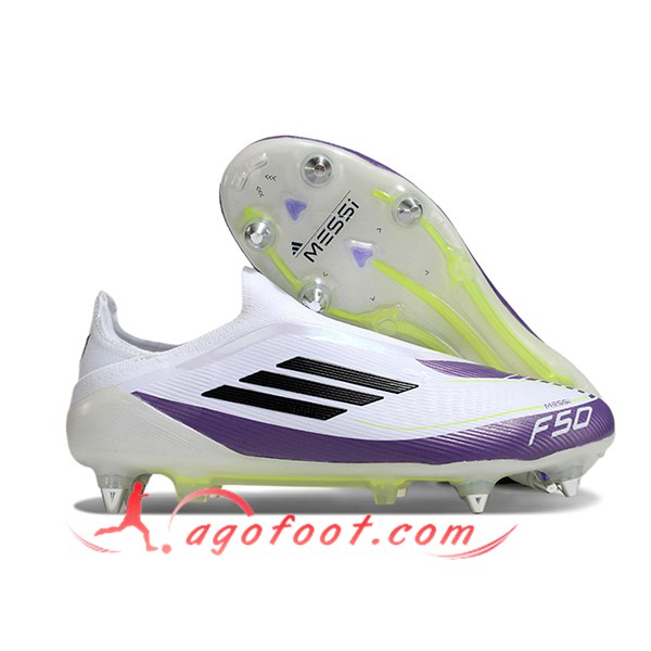 Adidas Chaussures de Foot F50 Elite Laceless SG Blanc/Pourpre/Noir