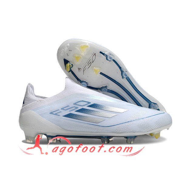 Adidas Chaussures de Foot F50 Elite Laceless FG Blanc/Bleu