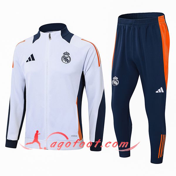 Ensemble Survetement de Foot Veste Foot Real Madrid Blanc/Bleu/Orange 2024/2025 -02