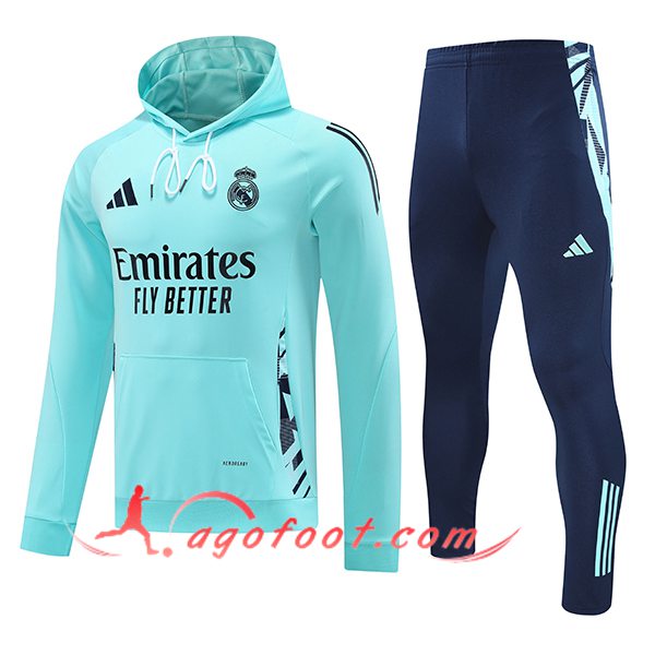 Ensemble Survetement Veste A Capuche Coupe-Vent Real Madrid Bleu Clair 2024/2025