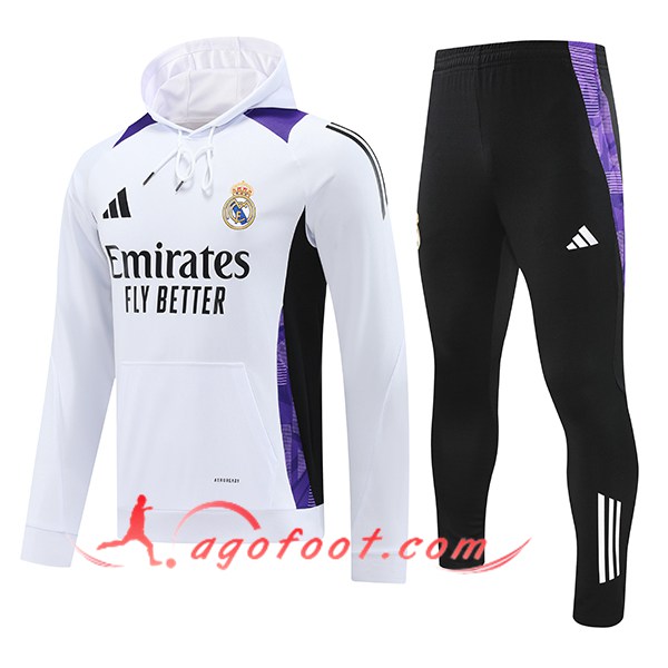 Ensemble Survetement Veste A Capuche Coupe-Vent Real Madrid Blanc/Noir/Blanc 2024/2025