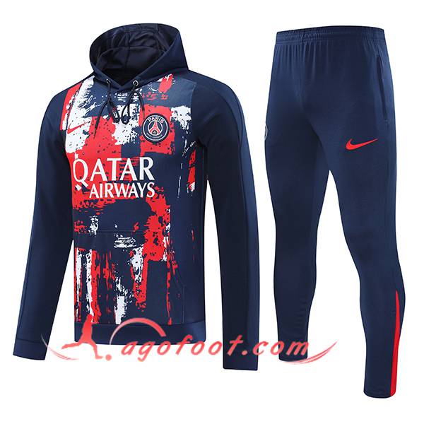 Ensemble Survetement Veste A Capuche Coupe-Vent PSG Bleu/Rouge 2024/2025