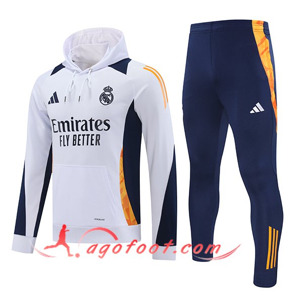 Ensemble Survetement Veste A Capuche Coupe-Vent Real Madrid Blanc/Bleu/Orange 2024/2025