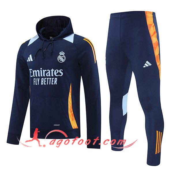 Ensemble Survetement Veste A Capuche Coupe-Vent Real Madrid Bleu/Orange 2024/2025