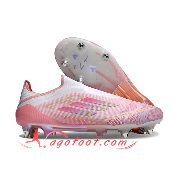 Adidas Chaussures de Foot F50 Elite Laceless SG Rose/Blanc -02