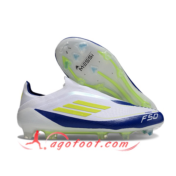 Adidas Chaussures de Foot F50 Elite Laceless FG Blanc/Jaune/Bleu