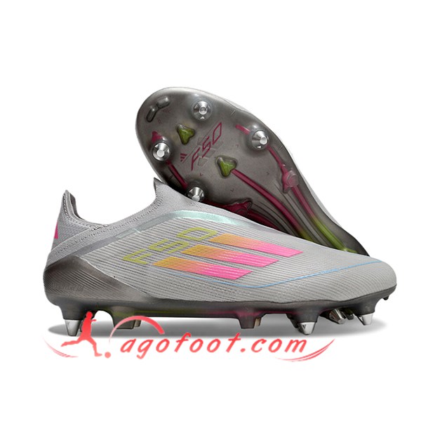 Adidas Chaussures de Foot F50 Elite Laceless SG Gris/Rose -02