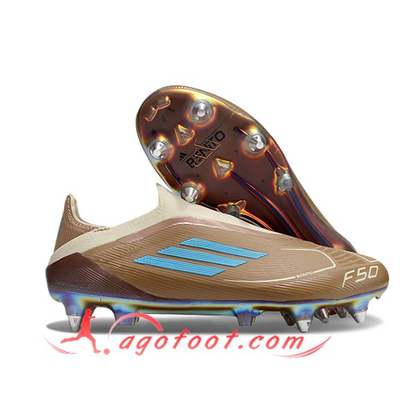 Adidas Chaussures de Foot F50 Elite Laceless SG Brun/Bleu -02