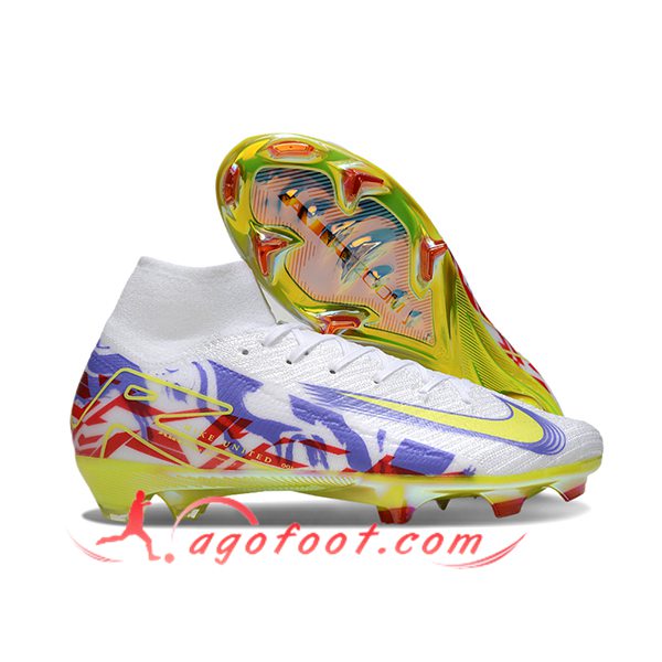 Nike Chaussures de Foot Air Zoom Mercurial Superfly IIX Elite FG Blanc/Pourpre/Jaune