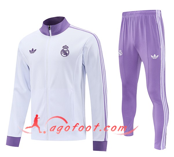 Ensemble Survetement de Foot Veste Foot Real Madrid Blanc/Pourpre 2025/2026