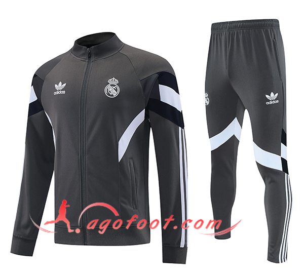 Ensemble Survetement de Foot Veste Foot Real Madrid Gris/Blanc/Noir 2025/2026