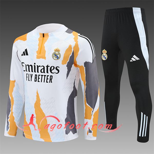 Ensemble Survetement de Foot Real Madrid Enfant Blanc/Jaune/Gris 2025/2026