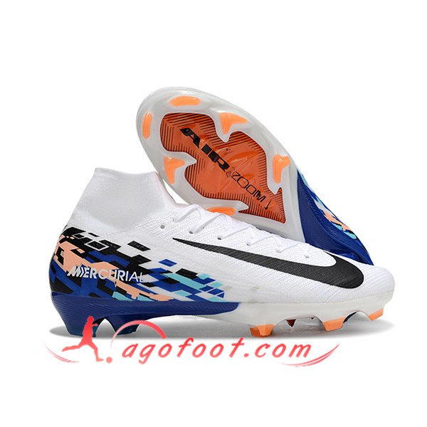 Nike Chaussures de Foot Air Zoom Mercurial Superfly IIX Elite FG Blanc/Bleu/Noir
