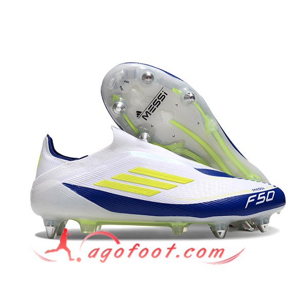 Adidas Chaussures de Foot F50 Elite Laceless SG Blanc/Bleu/Jaune