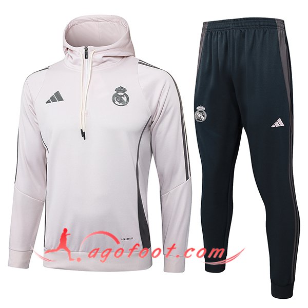 Ensemble Survetement Veste A Capuche Real Madrid Rose/Gris 2025/2026