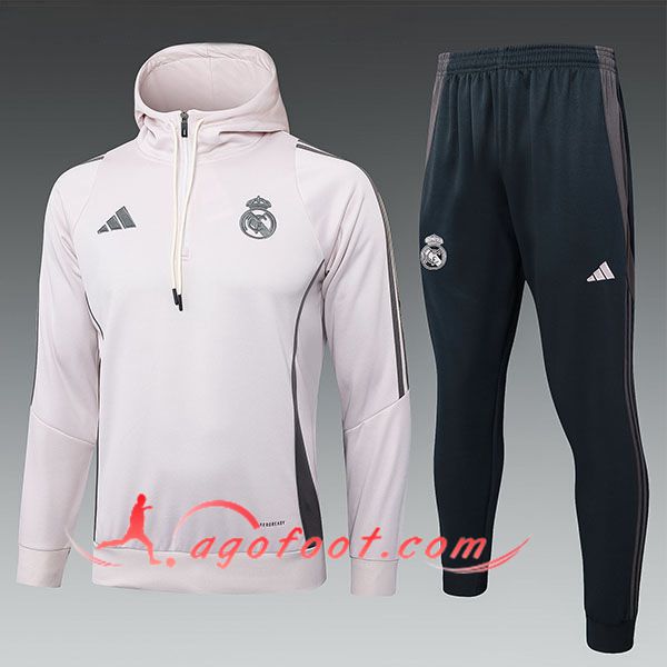 Ensemble Survetement Veste A Capuche Real Madrid Enfant Rose/Gris 2025/2026