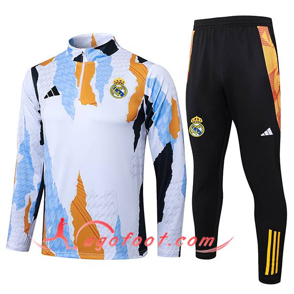 Ensemble Survetement de Foot Real Madrid Blanc/Noir/Orange/Bleu 2025/2026
