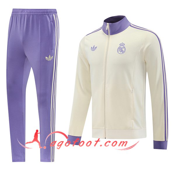 Ensemble Survetement de Foot Veste Real Madrid Beige/Pourpre 2025/2026