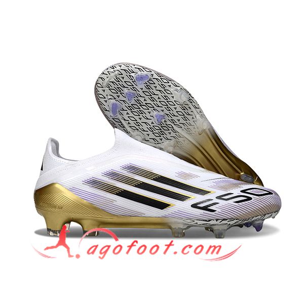 Adidas Chaussures de Foot F50 Elite Laceless FG Blanc/Noir/Jaune
