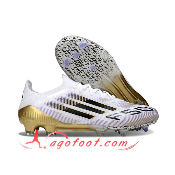 Adidas Chaussures de Foot F50 Elite FG Blanc/Noir/Jaune -02