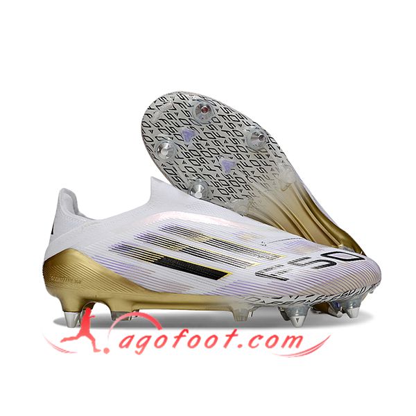 Adidas Chaussures de Foot F50 Elite Laceless SG Blanc/Jaune/Noir