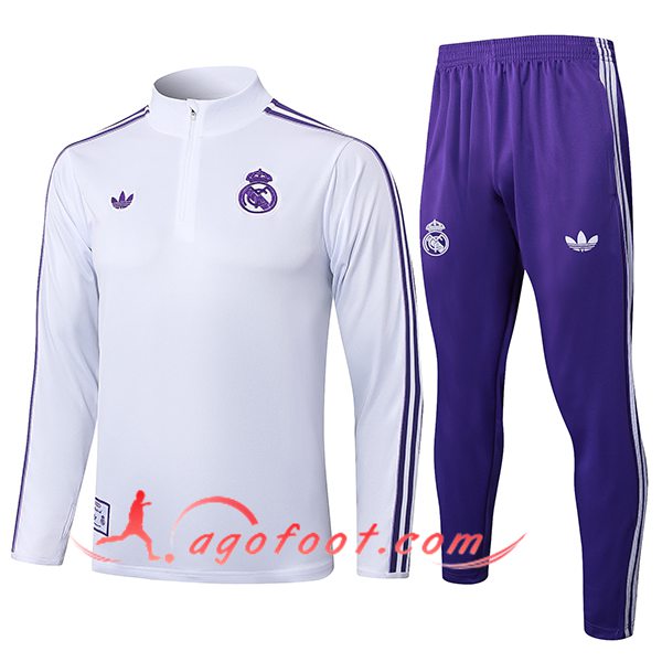 Ensemble Survetement de Foot Real Madrid Blanc/Pourpre 2025/2026