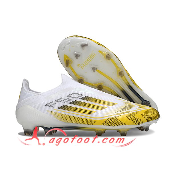 Adidas Chaussures de Foot F50 Elite Laceless FG Blanc/Jaune
