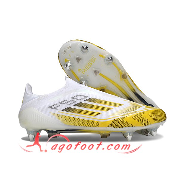 Adidas Chaussures de Foot F50 Elite Laceless SG Blanc/Jaune