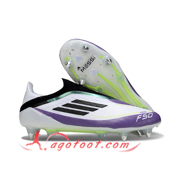 Adidas Chaussures de Foot F50 Elite Laceless SG Blanc/Noir/Pourpre/Vert