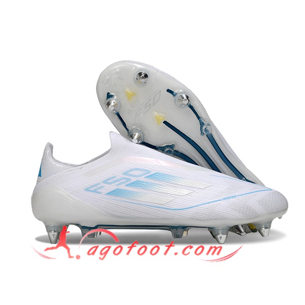 Adidas Chaussures de Foot F50 Elite Laceless SG Blanc/Bleu