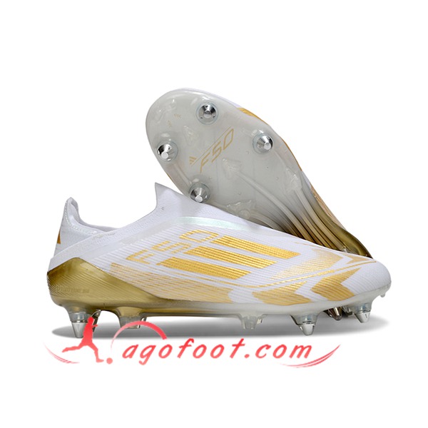 Adidas Chaussures de Foot F50 Elite Laceless SG Blanc/Jaune -02