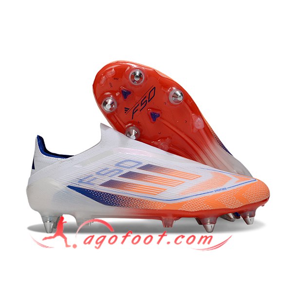 Adidas Chaussures de Foot F50 Elite Laceless SG Blanc/Bleu/Orange