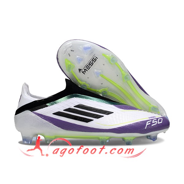 Adidas Chaussures de Foot F50 Elite Laceless FG Blanc/Noir/Pourpre/Vert