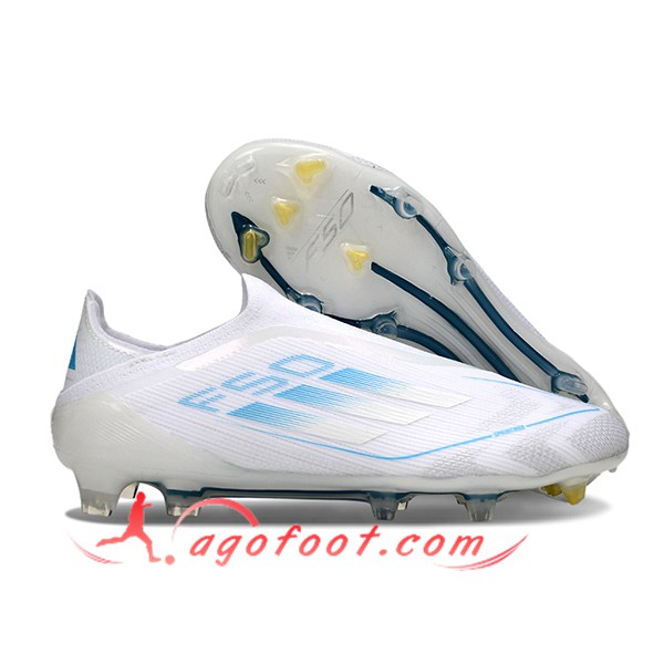 Adidas Chaussures de Foot F50 Elite Laceless FG Blanc/Bleu