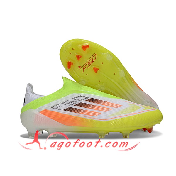 Adidas Chaussures de Foot F50 Elite Laceless FG Blanc/Vert/Orange