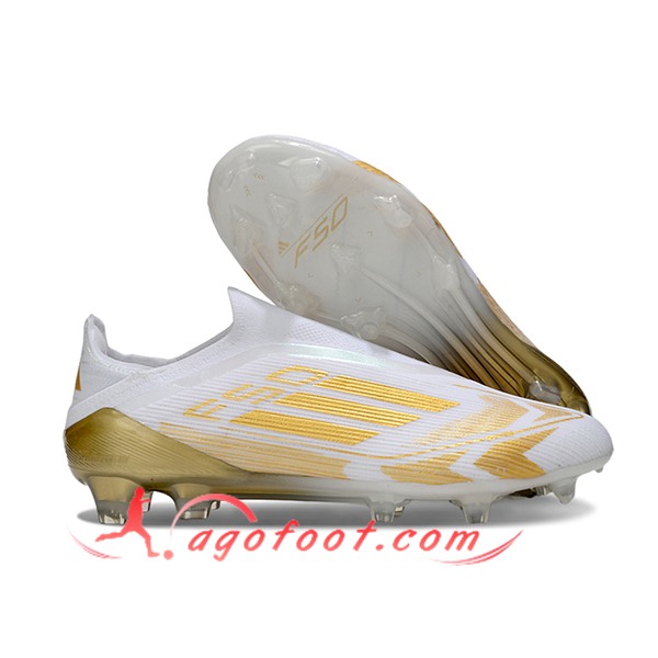 Adidas Chaussures de Foot F50 Elite Laceless FG Blanc/Jaune -02