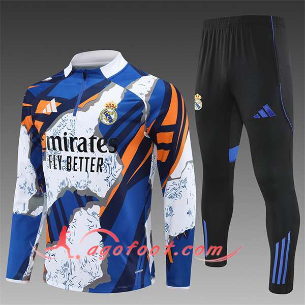 Ensemble Survetement de Foot Foot Real Madrid Enfant Blanc/Bleu/Orange 2025/2026